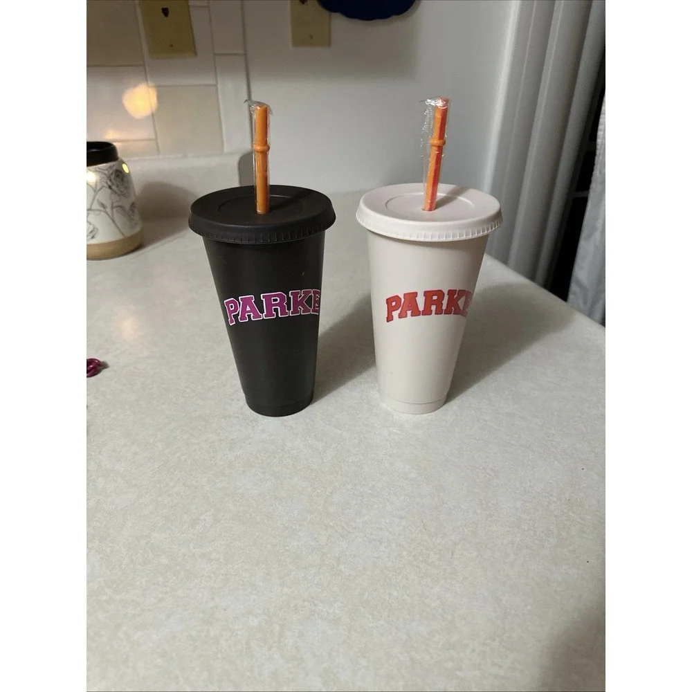 New DD Dunkin Donuts - Parke Tumbler Cup Set of 2 w/Straws *HTF* Black & White